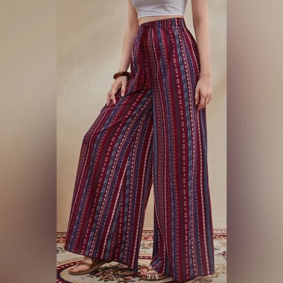 SHEIN Tall Boho Mixed Stripe Maroon Tassel Knot Waist Wide Leg Pant - Picture 3 of 9